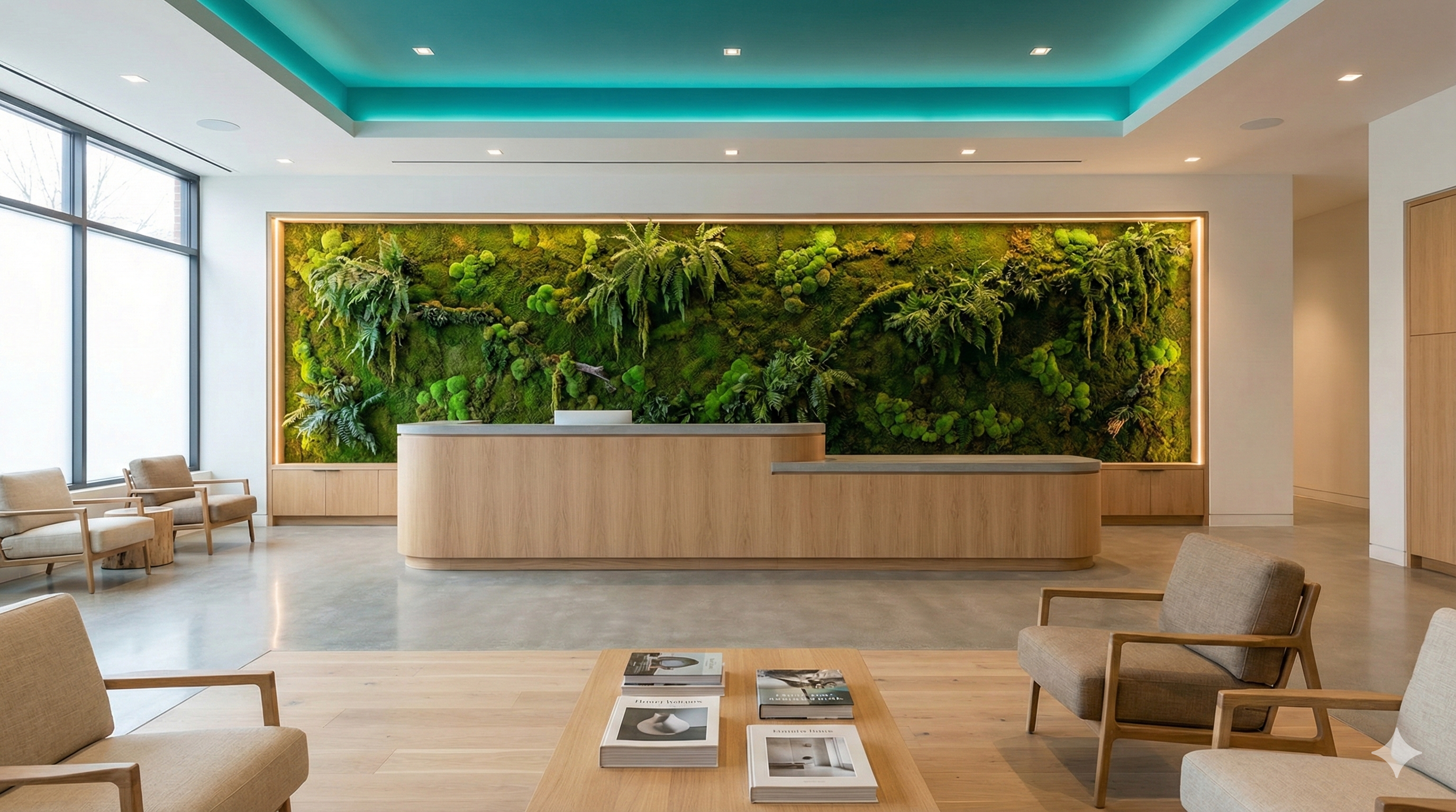 Wellness clinic reception with living moss wall and light oak desk